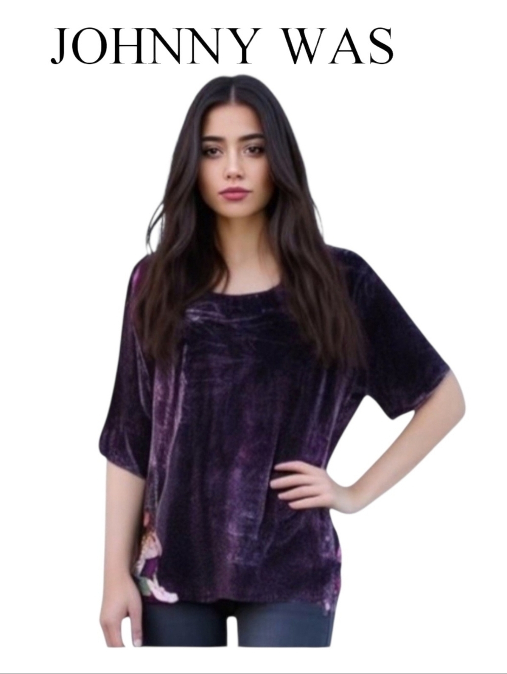 Johnny Was Silk & Crushed Velvet Blouse XS Deep Purple Luxe Romantic Gothic Top